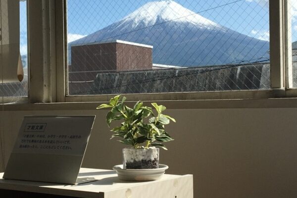 窓からよく晴れた富士山が見える